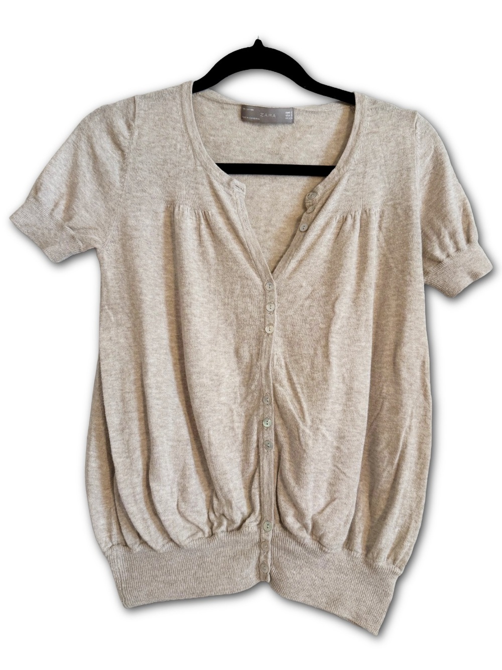 Zara 100% Cotton Fine Knit Button Front Top Oatmeal Beige Small Preppy